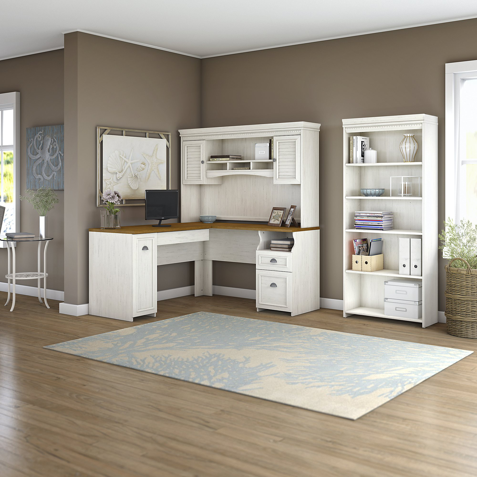 Fairview LShaped Executive Desk with Hutch and 5 Shelf Bookcase